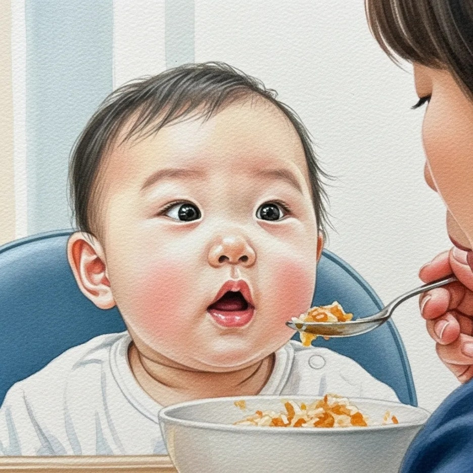 아기가 음식에 관심을 보이며 입을 오물거리는 모습
