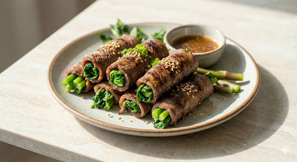 소고기의 필수 아미노산과 두릅의 비타민 성분이 결합하여 기력 회복을 돕고 피로 해소 효능을 극대화하는 고단백 보양식 소고기 두릅 말이 요리