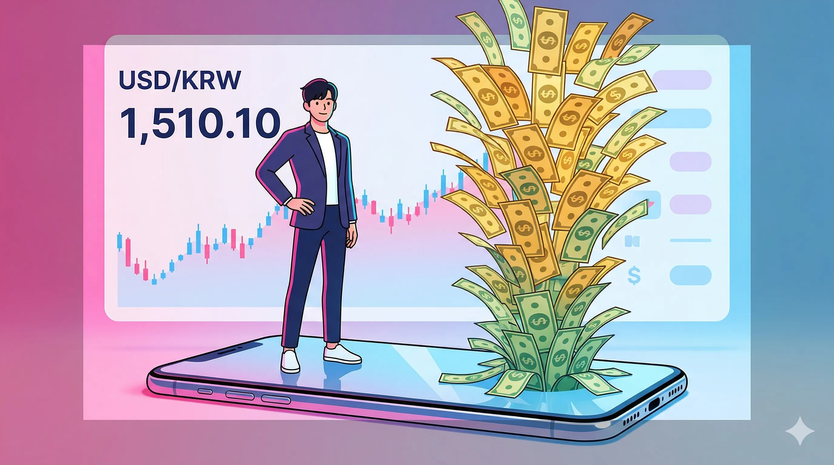고환율 수혜주: 1,510원 환율 시대 물류비 없는 K-웹툰 디지털 수출을 상징하는 달러 폭발 이미지 by Finory