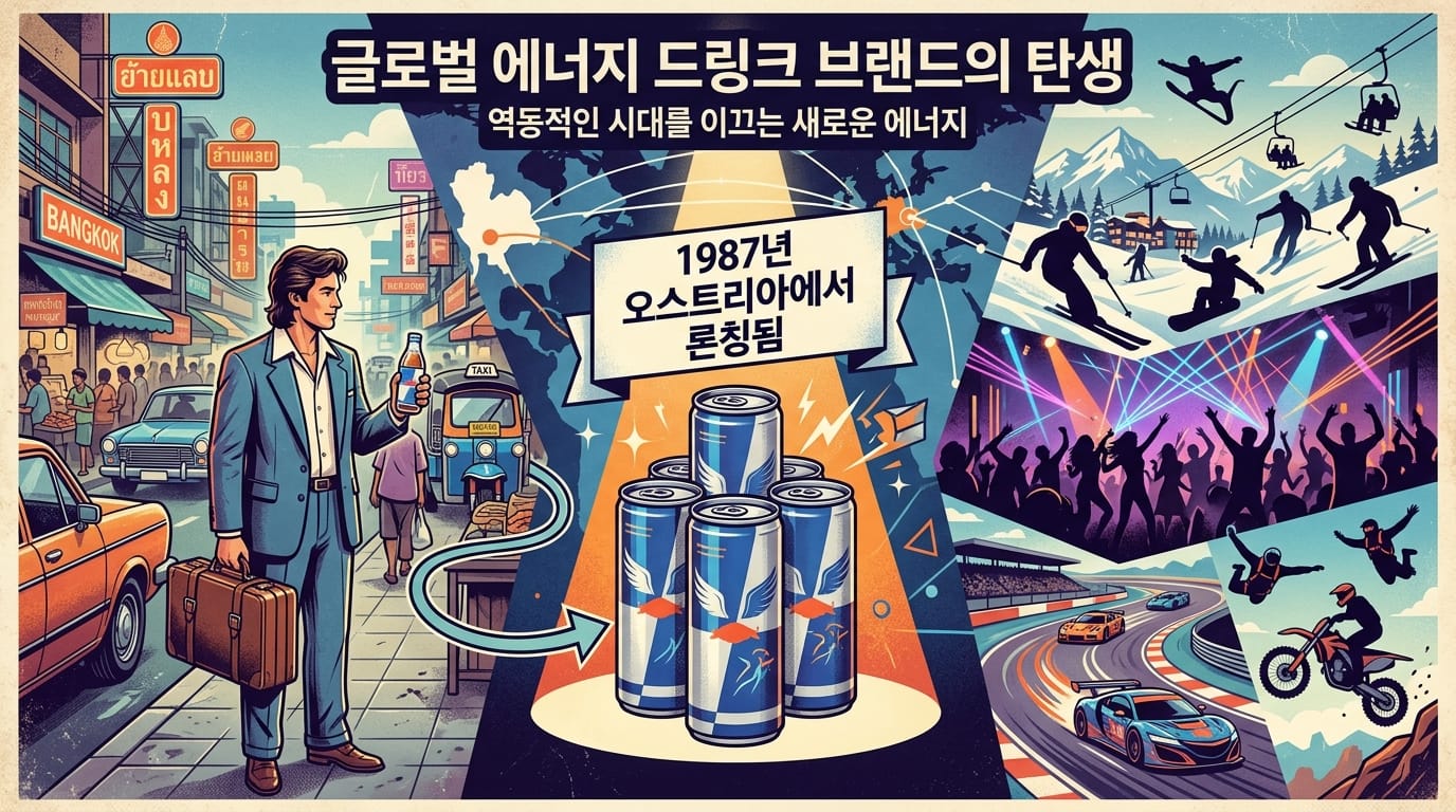 레드불이 기능성 음료에서 출발해 글로벌 에너지 드링크 브랜드로 포지셔닝된 과정을 보여주는 이미지