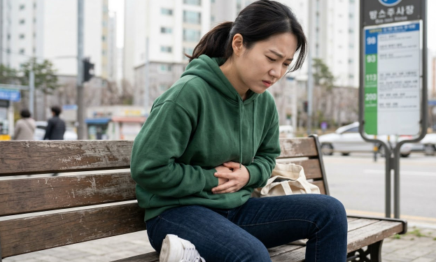 명치 부위를 감싸 쥐고 불편해하는 사람의 모습