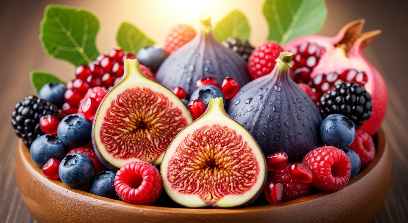 무화과, 베리류, 석류 등 다양한 색깔의 항산화 과일들이 아름답게 담긴 그릇. 건강과 활력을 상징하는 부드러운 빛이 감돕니다.