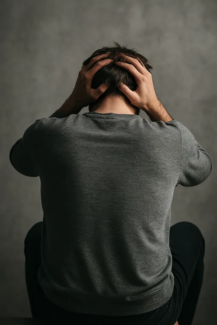 좌절한 남성이 고개를 숙이고 앉아 있는 뒷모습