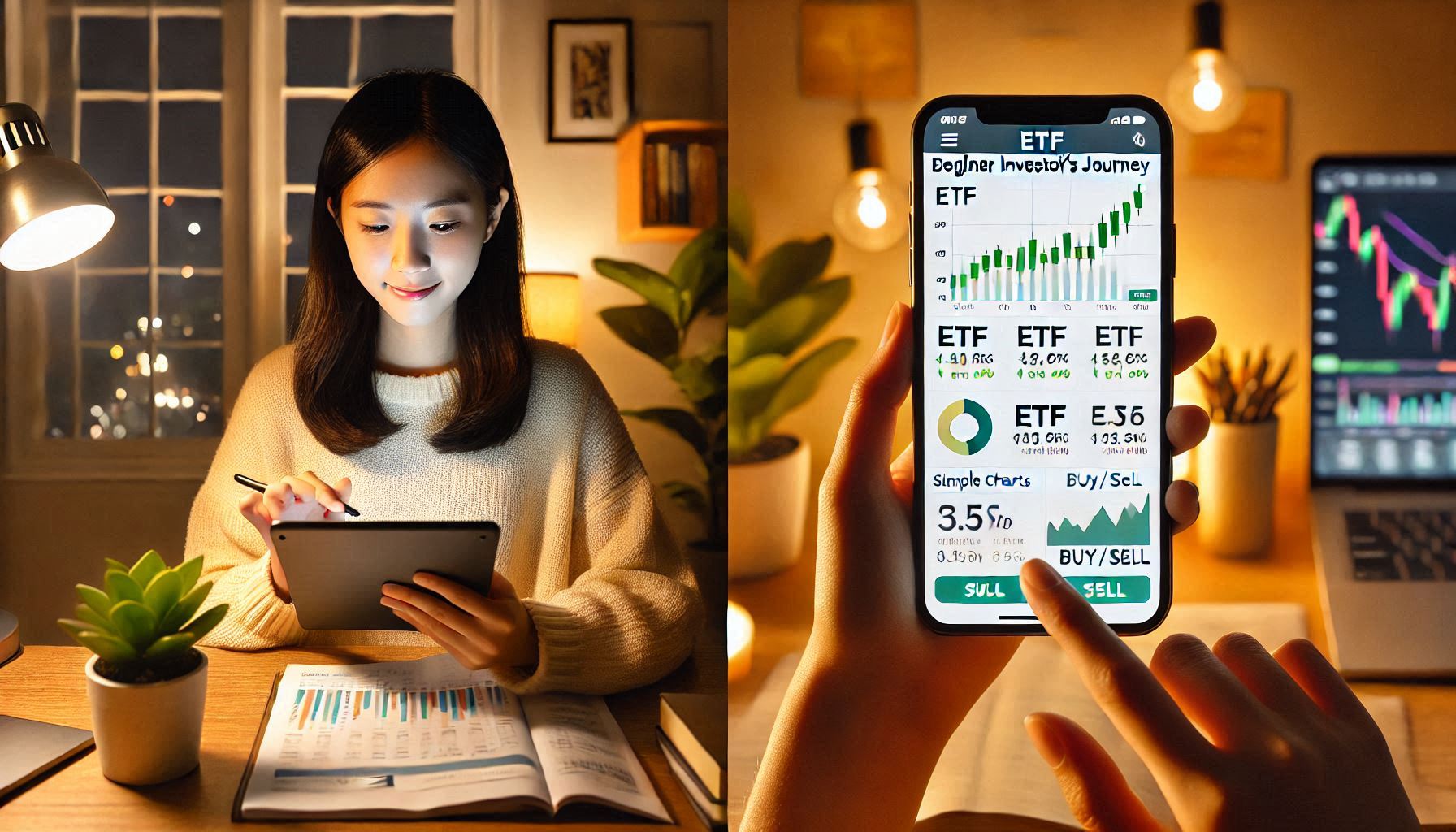 태블릿으로 ETF 정보를 학습하고 스마트폰으로 거래 앱을 사용하는 초보 투자자의 모습. 쉽게 이해할 수 있는 차트와 그래프가 화면에 표시됨