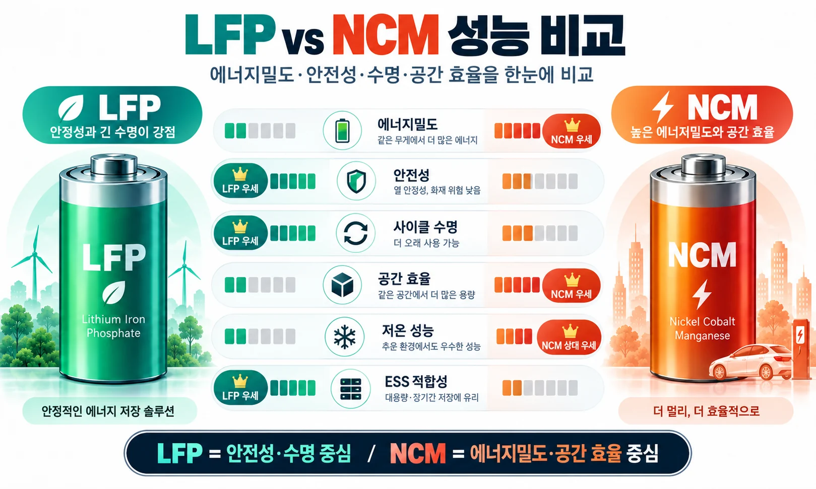 LFP와 NCM 배터리의 에너지밀도 안전성 사이클 수명 공간 효율을 비교한 인포그래픽