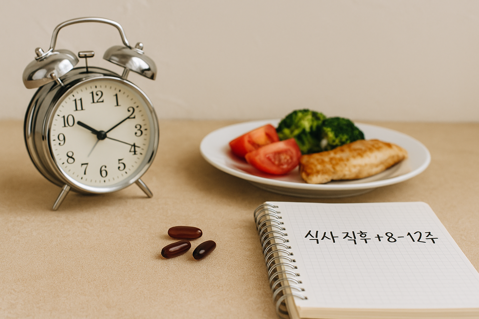 식사 직후 복용과 8–12주 평가를 상징하는 실사 사진: 시계, 식사 접시, 소프트젤, 노트 메모