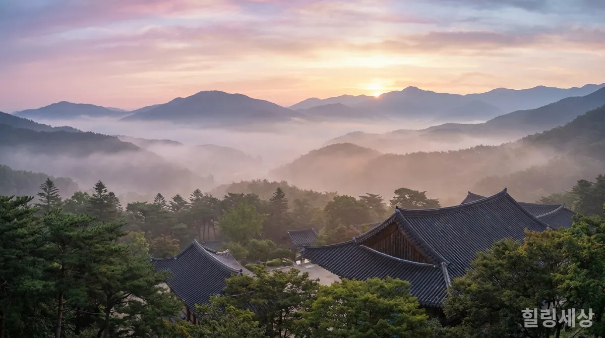 한국 산사의 고요한 아침 풍경