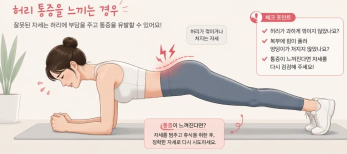 허리 통증을 느끼는 플랭크 자세
