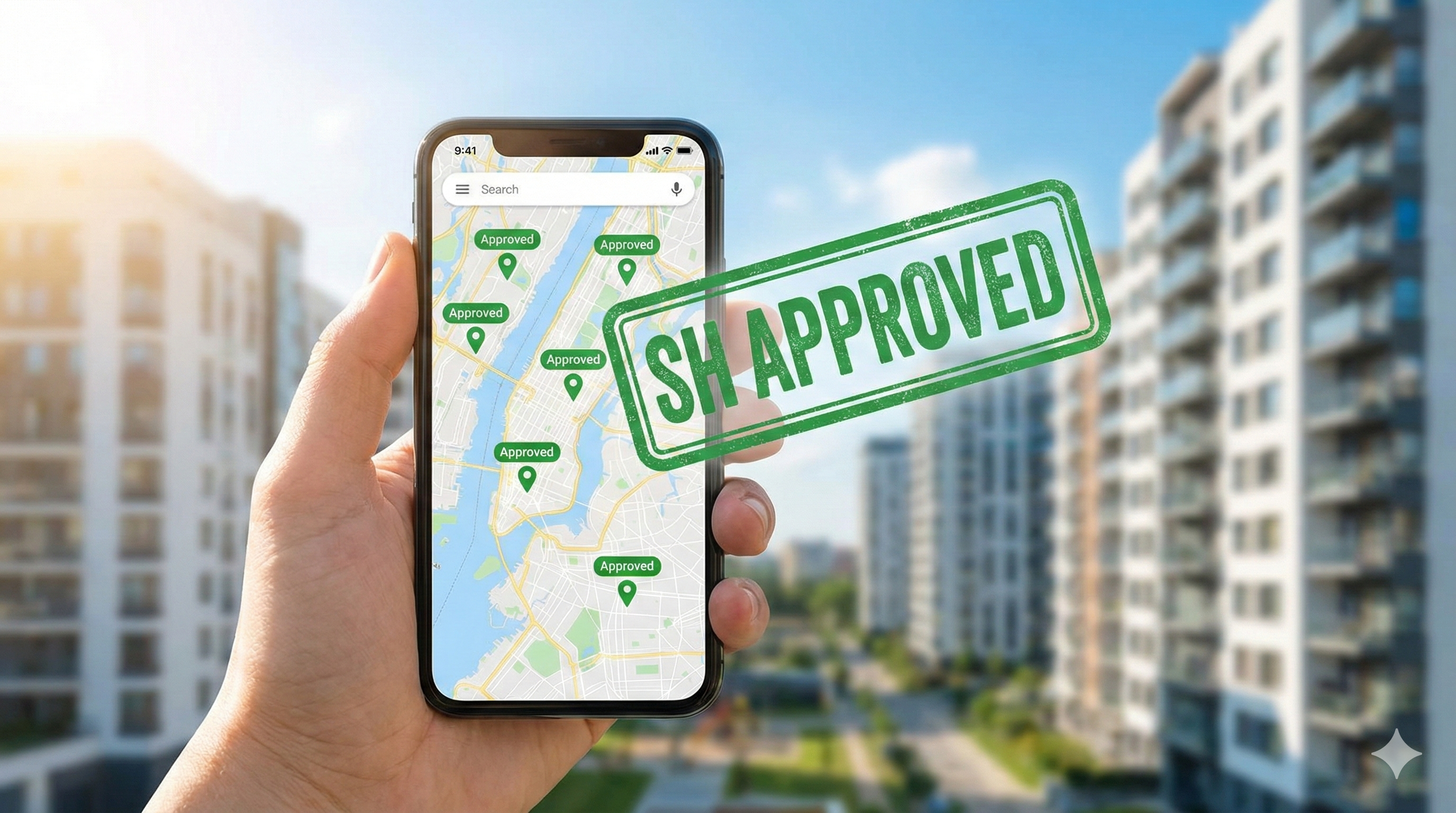 스마트폰 지도 앱에 'SH 승인 완료'라는 초록색 핀이 꽂혀 있고, 화면 위로 합격 도장이 찍히는 모습
