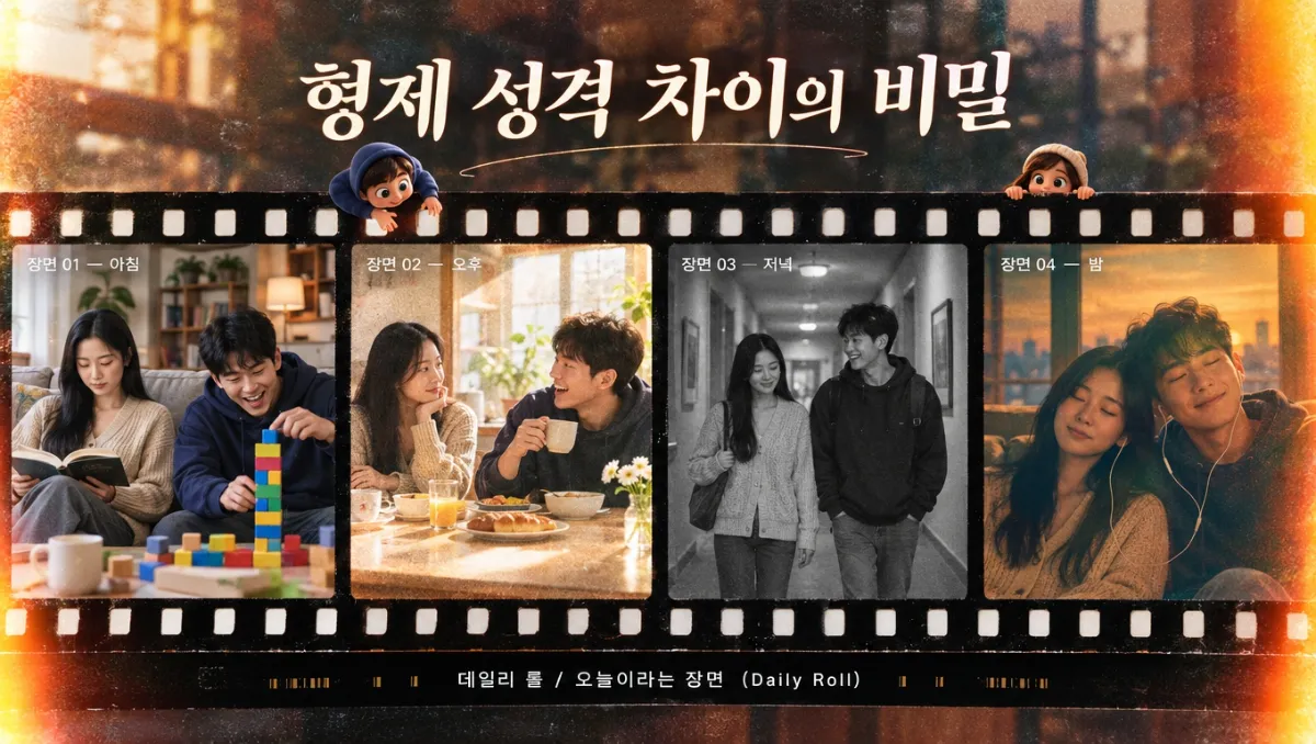 35mm 필름 스트립 4컷에 담긴 남매의 하루를 표현한 대표 이미지. 아침 소파에서 책을 읽는 누나와 블록을 쌓는 동생, 오후 식탁, 저녁 복도, 밤 창가에서 이어폰을 나눠 듣는 장면이 실사 컬러&middot;아날로그 그레인&middot;흑백&middot;틸오렌지 순으로 이어지며, 상단에 '형제 성격 차이의 비밀' 문구가 들어가 있다.