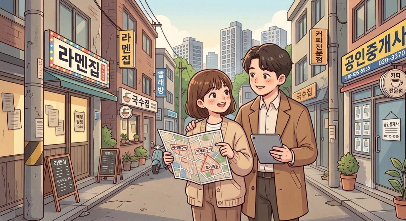 재개발 지역을 돌아다니며 임장활동 중인 신혼부부를 표현한 이미지
