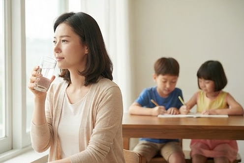 창가에서 물 한 잔을 든 엄마와 그림 그리는 두 아이