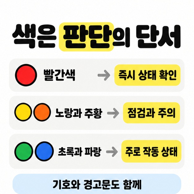 빨강은 즉시 상태 확인, 노랑과 주황은 점검과 주의, 초록과 파랑은 주로 작동 상태로 나누고 경고문 확인을 덧붙인 도식