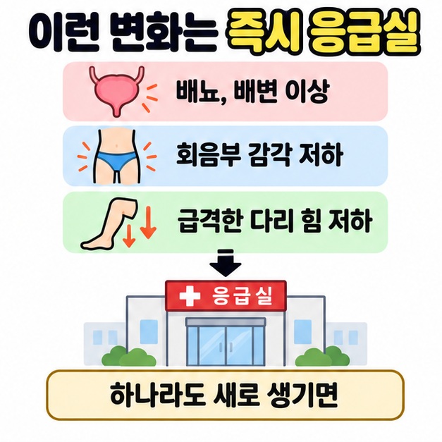 배뇨와 배변 이상, 회음부 감각 저하, 급격한 다리 힘 저하를 그림과 글자로 나열하고 하나라도 새로 생기면 즉시 응급실로 가도록 안내한 이미지