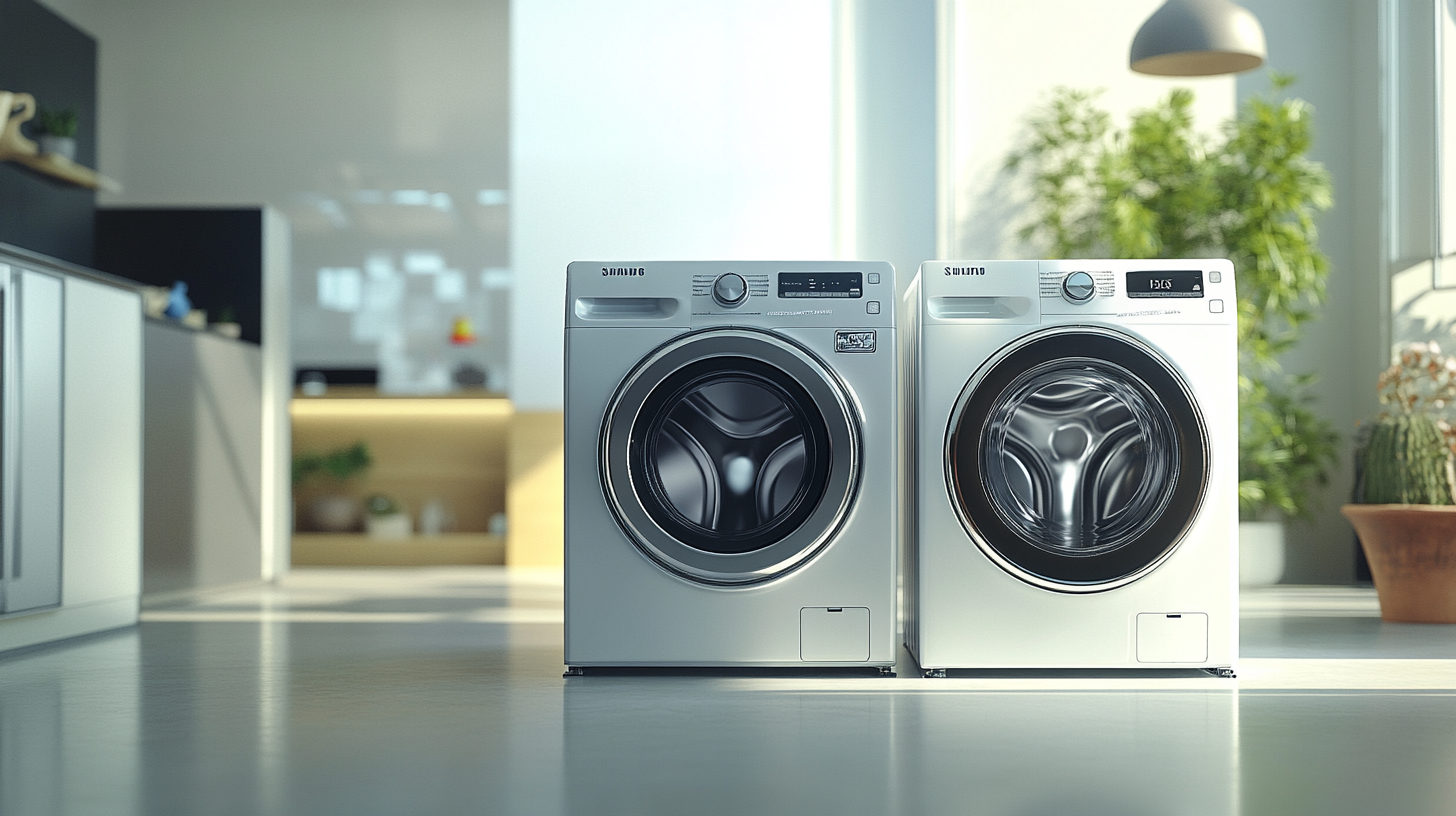 삼성과 LG 세탁기가 나란히 놓여, AI 기술을 가진 세탁기와 전통적 가전의 대비를 명확히 보여주는 장면. 밝은 전시장에서 혁신과 전통의 조화를 강조한 세팅.