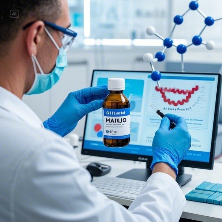 현대적인 의료 연구실에서 과학자가 비만 치료제 마운자로의 분자 구조를 연구하는 모습. 배경에는 체중 감량 그래프와 GIP/GLP-1 수용체 작용 메커니즘을 보여주는 인포그래픽이 있으며, 깔끔하고 전문적인 의료진의 모습으로 신뢰감을 주는 이미지