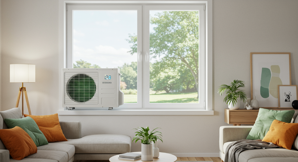 2025년형 창문형 에어컨이 설치된 깨끗한 창문이 보이는 아늑한 거실 풍경. 셀프 설치의 성공적인 결과와 쾌적한 여름을 상징합니다.