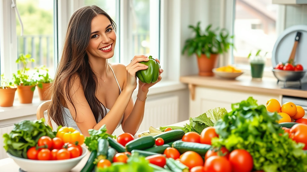 채소들과 함께있는 날씬하고 건강한 여성