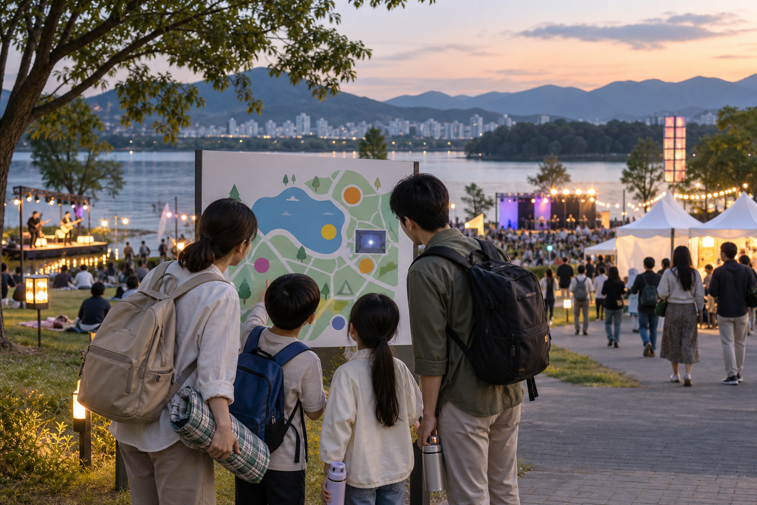 해 질 무렵 가족이 호숫가 축제 안내판 앞에서 공연 구역과 이동 경로를 살펴보는 모습