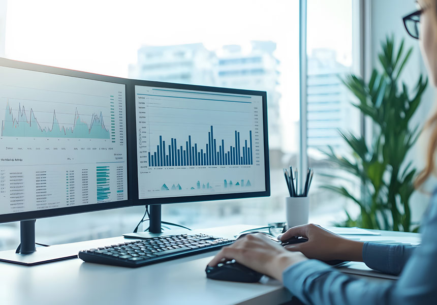 ETF 그래프가 표시된 모니터 화면을 바라보는 투자자 손