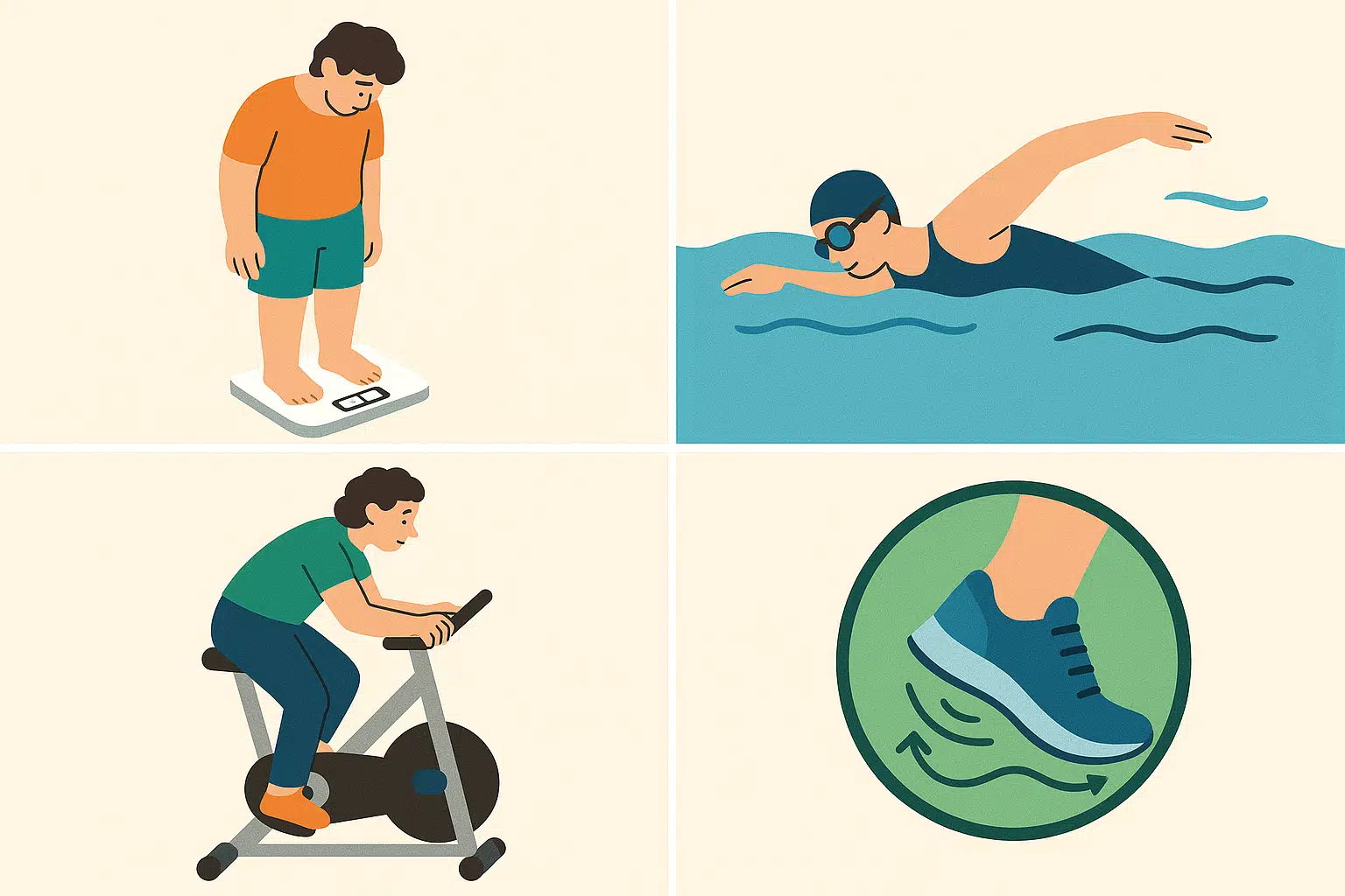 체중계 위에서 몸무게를 확인하는 사람, 수영과 고정식 자전거를 타는 사람, 발에 부담이 적은 운동