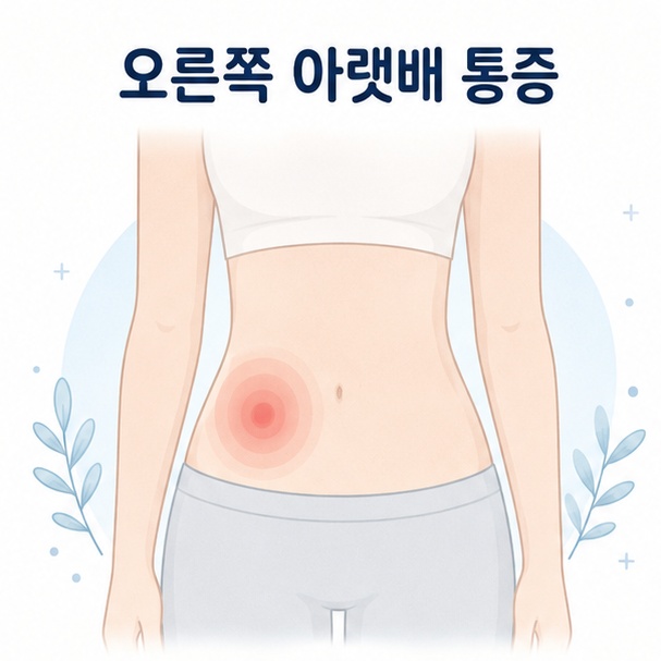 사람의 복부에서 오른쪽 아랫배 위치를 표시하고 &lsquo;오른쪽 아랫배 통증&rsquo;이라는 제목을 넣은 건강 정보 대표 이미지