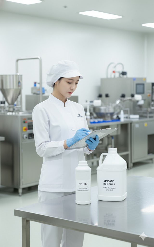 청결한 연구실 또는 식품 제조 시설에서 여성 품질관리 담당자가 M1000과 M4000 용기 앞에서 품질 관리표를 확인하고 있습니다. M1000에는 'Food Grade Concentrate' 라벨이, M4000에는 'Water Treatment Chemical' 라벨이 붙어 있어, 위생 및 안전이 중요한 산업에서의 활용성과 신뢰성을 강조합니다. (M1000과 M4000 두 모델이 연구/식품 제조 환경에서 함께 활용되는 모습을 통해, 새로운 고부가가치 시장에서의 적용 가능성과 품질 관리의 신뢰성을 강조합니다.
