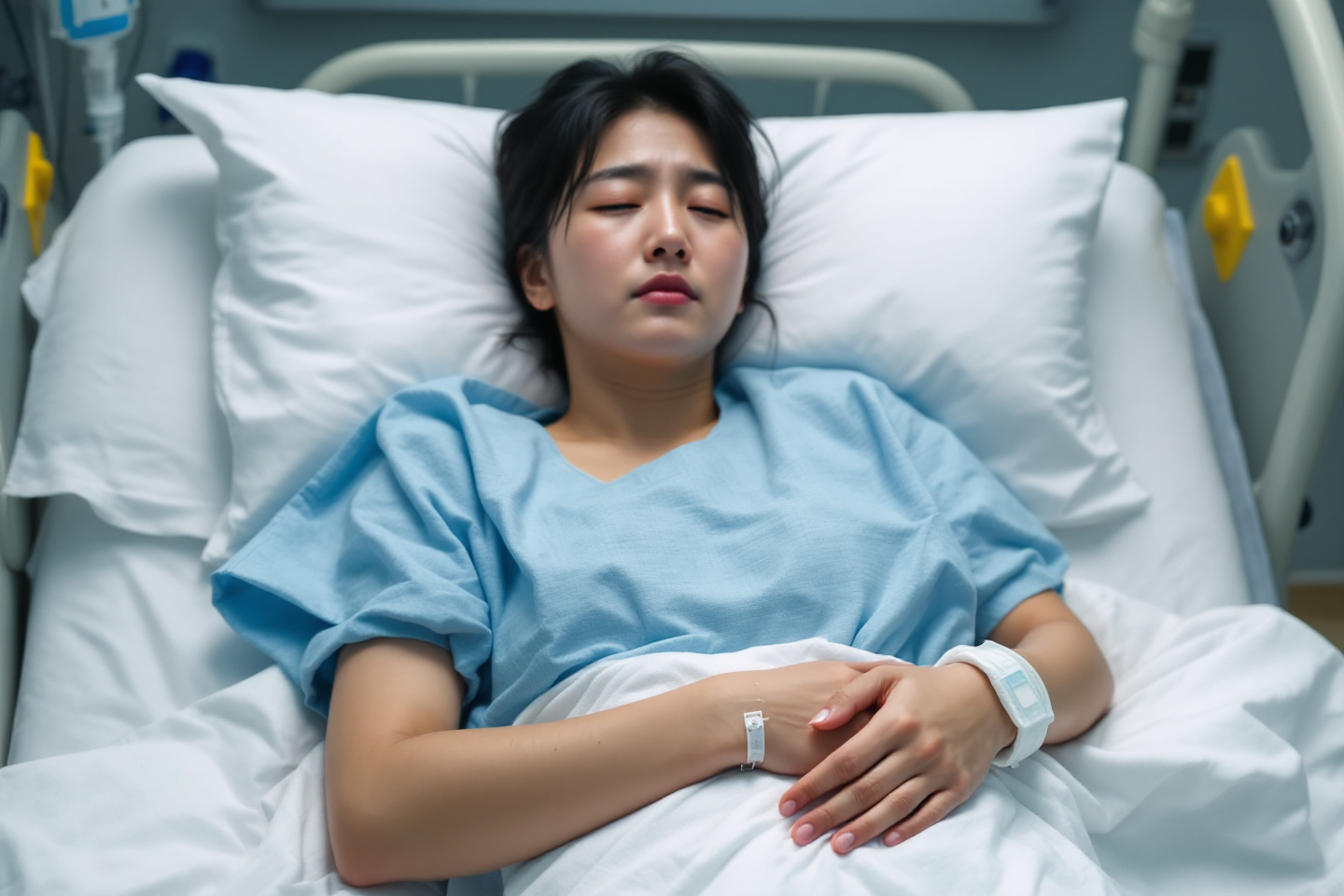 면역력이 떨어져 병원에서 링거를 꽃고 누워있는 여성