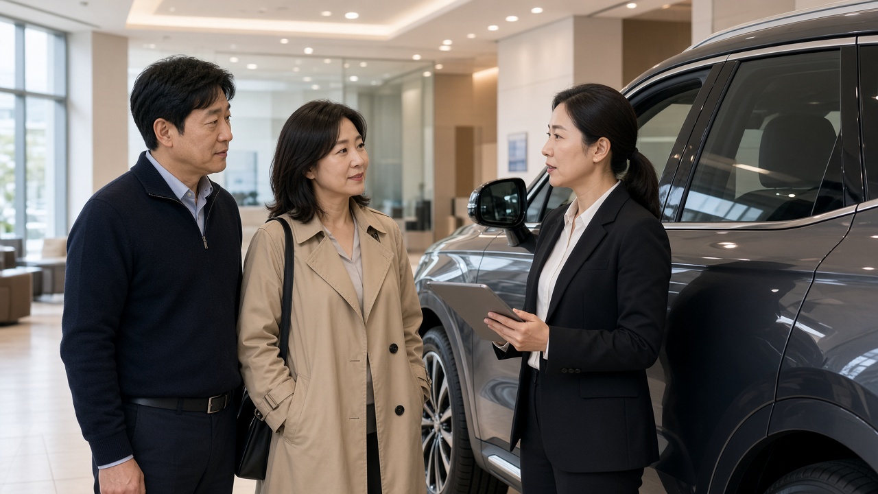 밝은 전시장에서 대형 SUV 옆에 서서 상담원 설명을 듣는 한국인 40대 부부