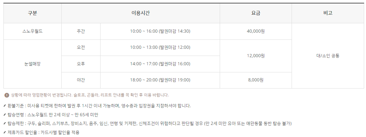 스노우월드 운영시간 및 요금표