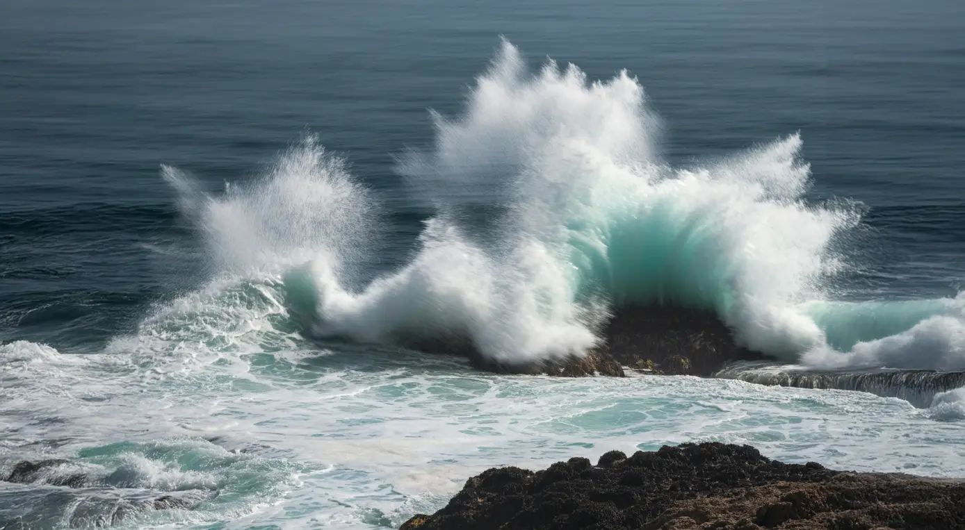파도가 바위에 부딪친다.