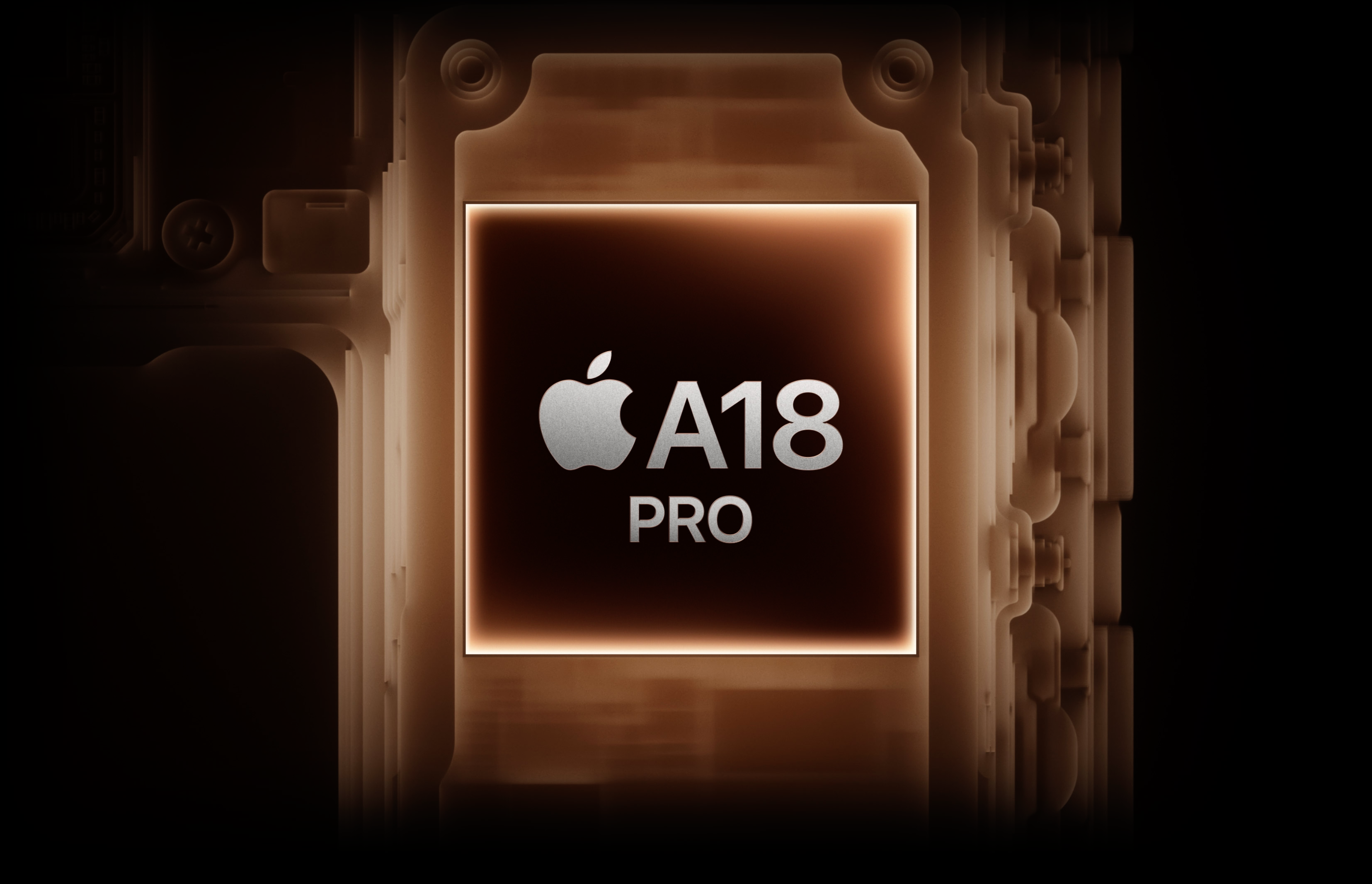 A18 Pro 칩 모습을 나타내는 칩 클로즈업 이미지