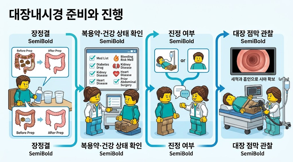 장정결, 복용약 및 건강 상태 확인, 진정 여부 결정, 실제 대장 점막 관찰로 이어지는 대장내시경 준비 및 진행 과정 인포그래픽