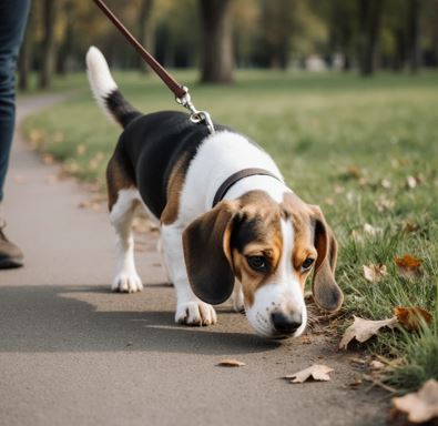 비글이 산책 중 땅 냄새를 열심히 맡고 있는 모습