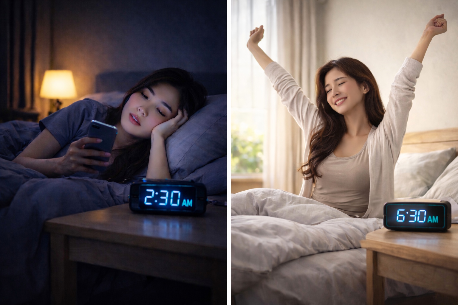 늦게 자는 생활과 아침 6시 30분 기상 패턴을 비교한 수면 리듬 변화 이미지