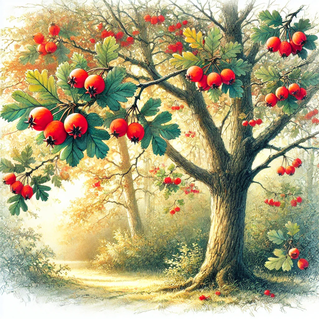 가을철에 붉은 열매가 매달린 산사나무(산사나무, Crataegus pinnatifida)의 아름다운 일러스트. 튼튼한 나무줄기와 가지가 있으며, 약간 노란색으로 변해가는 작은 녹색 잎들이 달려 있습니다. 밝고 선명한 붉은 열매들이 잎 사이로 돋보이며, 평화로운 자연 환경 속에서 부드러운 햇빛이 나무 사이로 스며들어 고요한 분위기를 연출합니다.