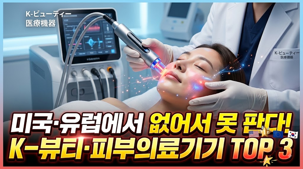 최첨단 피부과 레이저 시술 장면 또는 피부 관리 기기 연출 사진. "미국&middot;유럽에서 없어서 못 판다! K-뷰티&middot;피부의료기기 TOP 3" 문구가 들어간 썸네일.