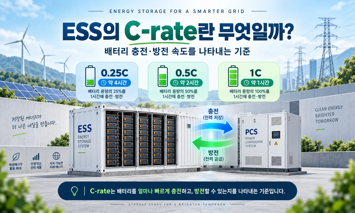 ESS 배터리와 PCS를 이용해 0.25C 0.5C 1C의 충전 방전 속도와 운전시간을 설명한 C-rate 개념