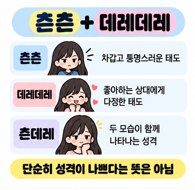 츤츤은 차갑고 퉁명스러운 태도, 데레데레는 좋아하는 상대에게 다정한 태도이며 둘을 합친 말이 츤데레임을 정리한 카드