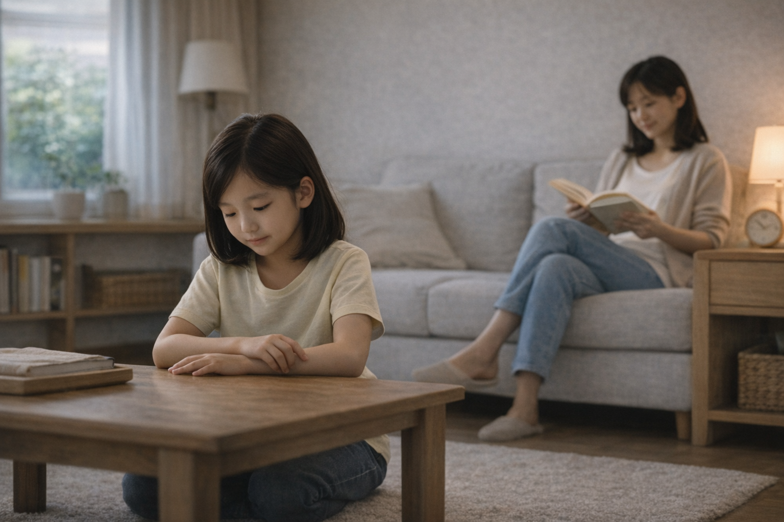 하루를 마무리하며 집 안에서 차분한 시간을 보내는 아이의 모습