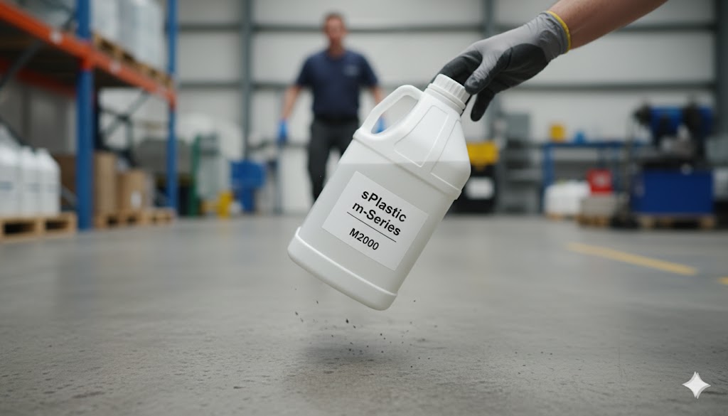 작업 중 실수로 바닥에 떨어졌지만 파손 없이 내용물을 완벽히 보호하는 sPlastic m-Series M2000 HDPE 용기. 강력한 내충격성 증명