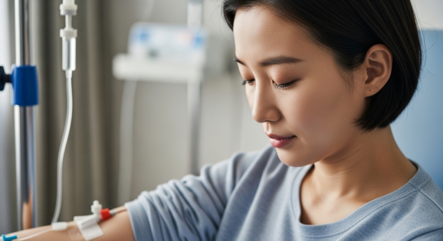 항암치료 중인 여성의 손에 꽂힌 주사 라인