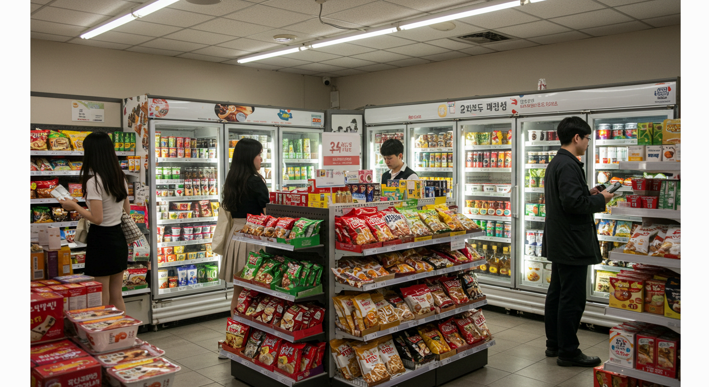 한국 편의점 내부 전경, 다양한 과자와 즉석식품, 음료를 고르는 사람들의 모습, 편의점 쇼핑과 생활 밀착형 소비 문화