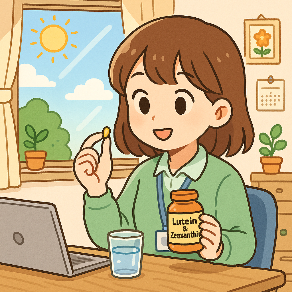 루테인과 지아잔틴 영양제를 들고 복용하려는 여성의 일러스트, 책상 위에 노트북과 물컵이 놓여 있음