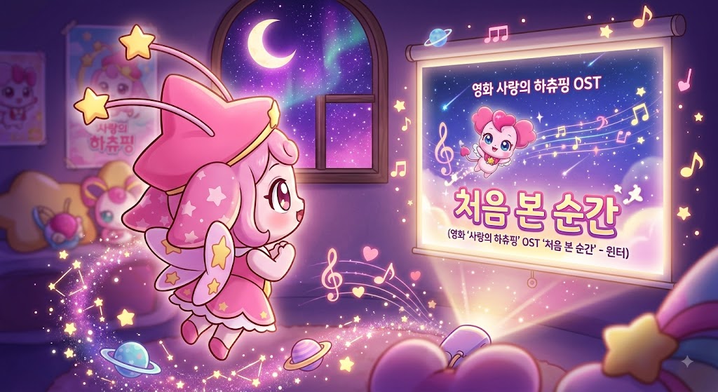 사랑의 하츄핑 2024 OST 처음 본 순간, 스크린 빛을 바라보는 오리지널 별빛 요정 일러스트