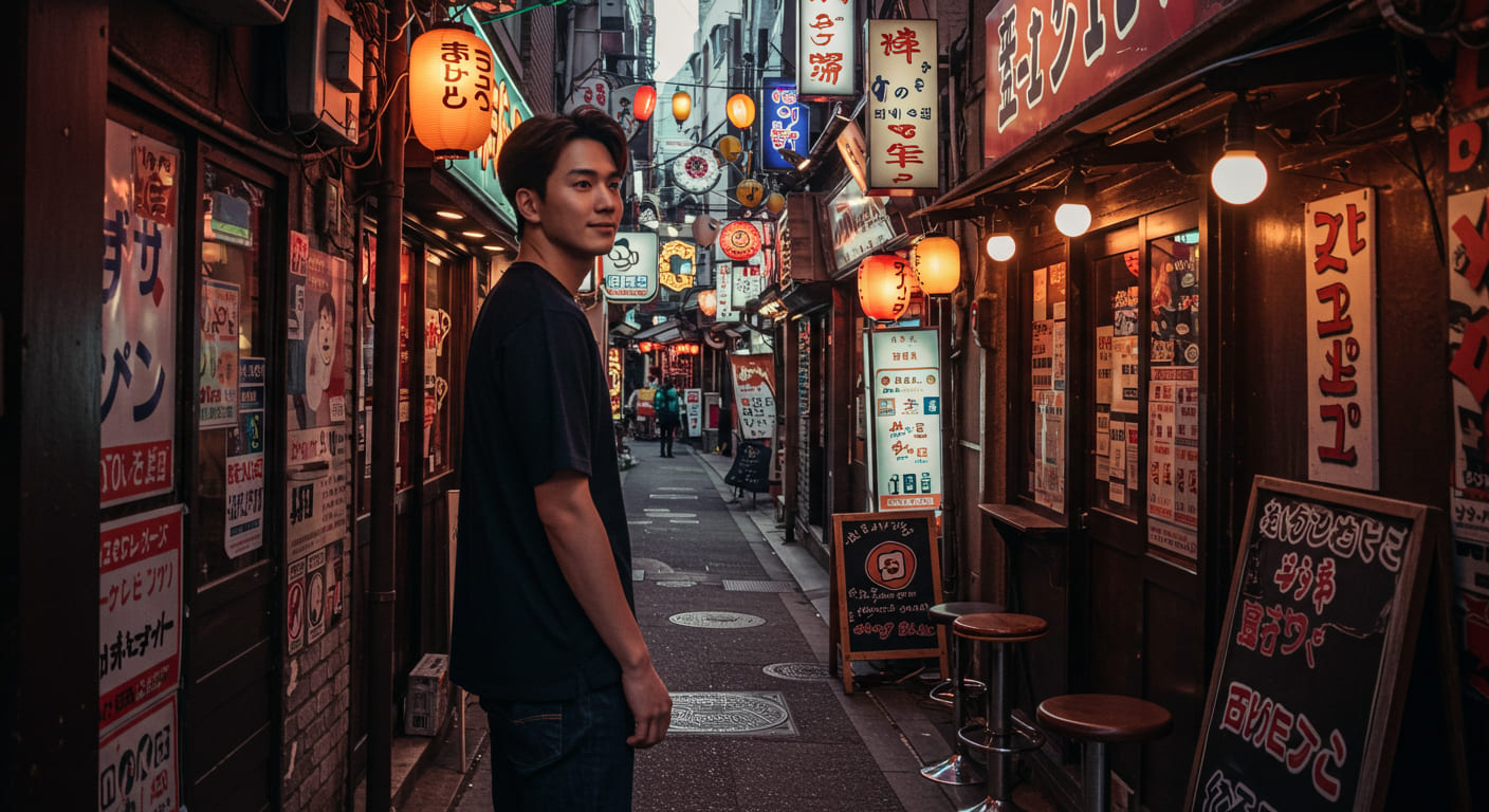신주쿠 골든가이의 네온사인 거리에서 탐험하는 귀여운 한국인 남성