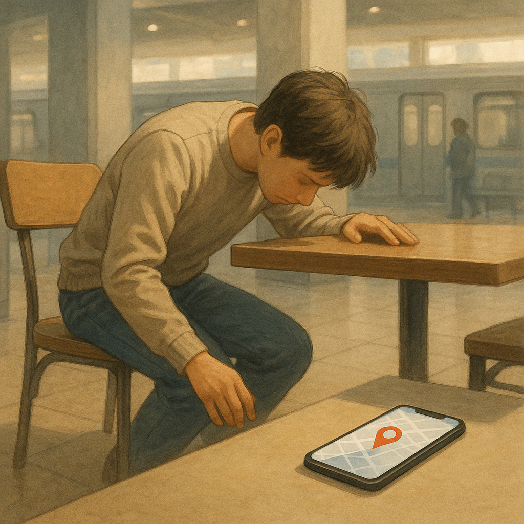 지하철역 의자 근처 테이블 아래에서 스마트폰을 발견한 남성, 화면에는 위치 아이콘이 표시되어 있음