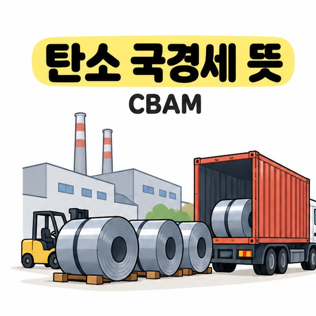 탄소 국경세 뜻과 CBAM이라는 문구 아래 공장 앞 철강 코일과 컨테이너 트럭 및 지게차가 배치된 그림