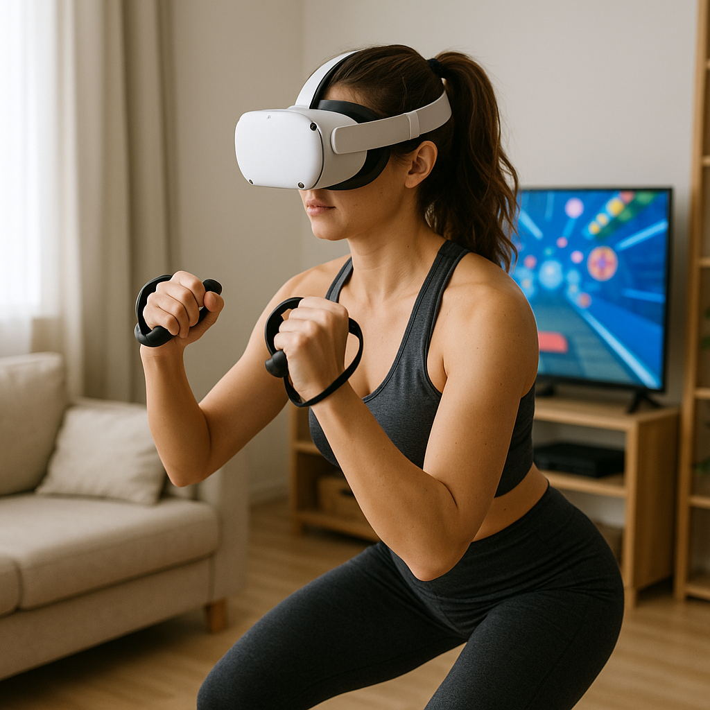 VR 헤드셋을 착용한 여자가 복싱 동작을 취하고 있는 모습