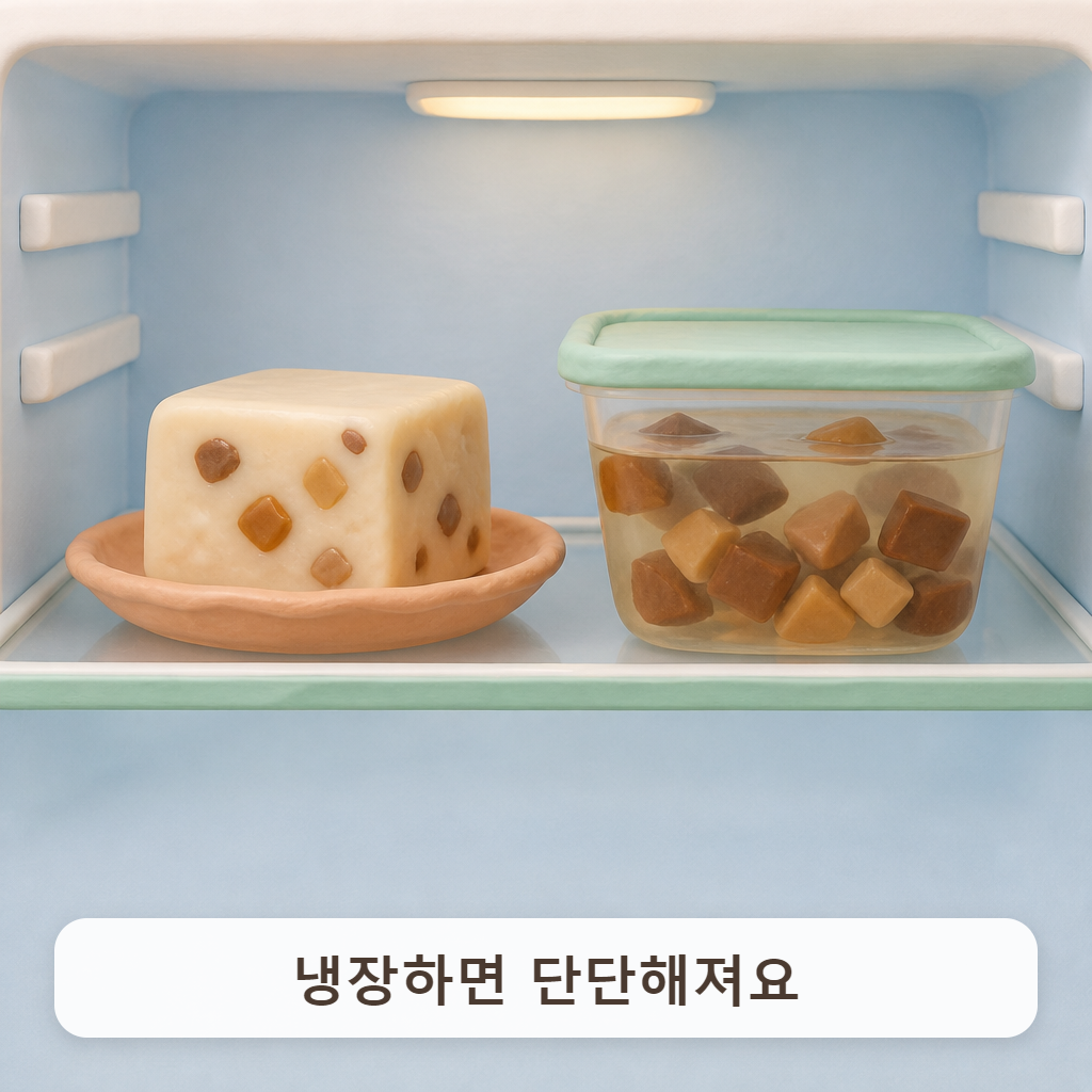 냉장고 칸 안에 놓인 하얗게 굳은 묵과 물 담긴 그릇